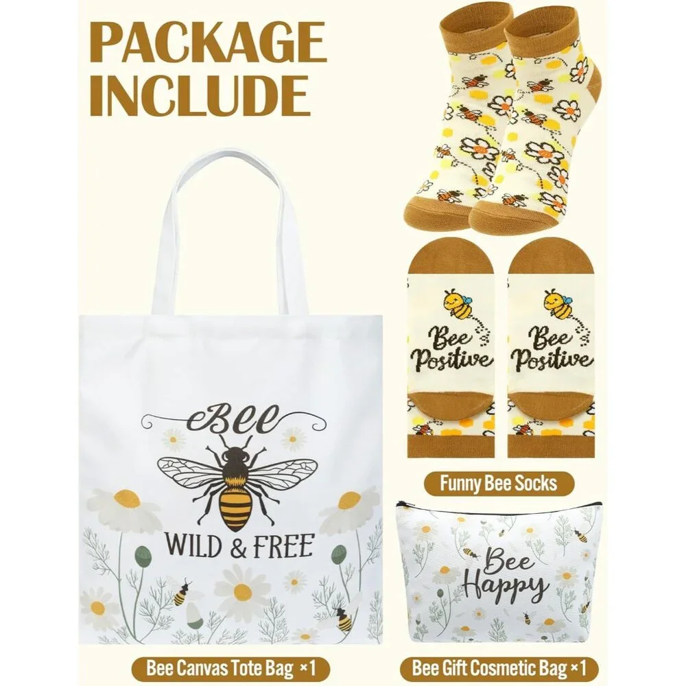 Bee Gift Set Canvas Tote Makeup Bag Socks For Women Nature Lovers - Picture 3 of 6